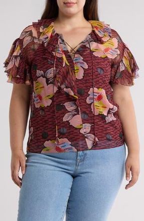 Joie Devon Floral Ruffle Silk Top in Oxblood Multi at Nordstrom Rack, Size 2X