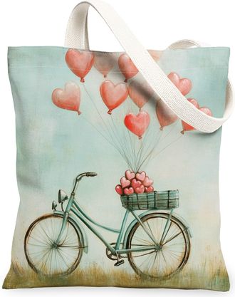 Generic Heart Balloon Canvas Tote Bags, Vintage Bike Pattern Reusable Grocery Bags, Spring Chic Lightweight Washable Shoulder Strap Canvas 13x15 Inch