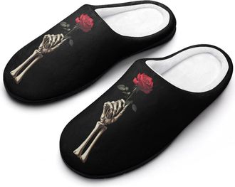 Generic Skeleton Hand With Rose Mens House Slippers Memory Foam Washable Cotton Slip on Home Shoes