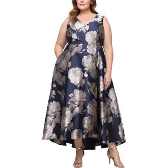 S.L. Fashions Floral Sleeveless Jacquard Gown in Navy/Taupe at Nordstrom, Size 14W