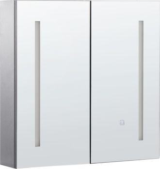 Beliani Mueble De Ba&ntilde;o Led Con Espejo 60 X 60 Cm Almacenaje Minimalista Moderno De Pared 2 Puertas 2 Estantes Negro Chabunco