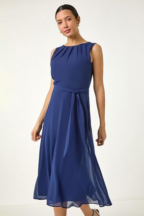 Roman Chiffon Pleated Neck Midi Dress