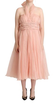 Dolce & Gabbana Roze Zijde Chiffon Halter Midi A-lijn Pliss&eacute; Damesjurk