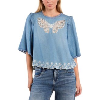BILLY T Lady Butterfly Lace Trim Chambray Top in Denim at Nordstrom, Size X-Large