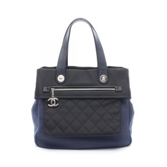 Chanel Black Navy Nylon Leather Handbag Tote Bag (Pre-Owned)