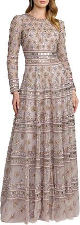 Mac Duggal Embellished Mesh Sheer Long Sleeve A Line Gown in Vintage Lilac at Nordstrom, Size 10