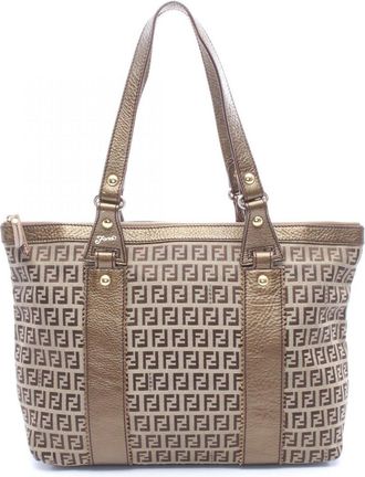 Fendi Zucca Beige Brown Canvas Leather Handbag Tote Bag (Pre-Owned)