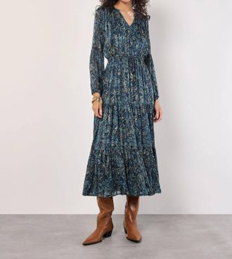 Apricot Painterly Lurex Paisley Midi Dress In Navy