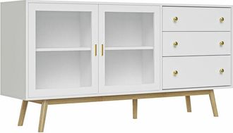 HOMCOM Homcom - aparador de cocina moderno aparador de salón mueble vitrina con 2 puertas de vidrio 3 cajones y patas de madera de caucho 160x40x80 cm