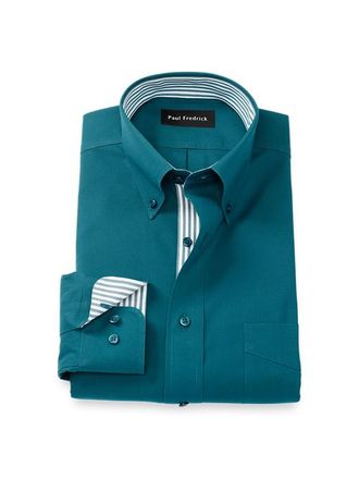 Paul Fredrick Taillored Fit Non Iron Pinpoint Oxford Weave Dress Shirt with Trim in Dark Teal at Nordstrom, Size 16.5 - 34