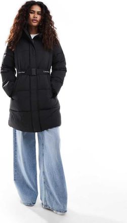 Calvin Klein Jeans Womens logo belt long puffer jacket in black - Beige - Size X-Large
