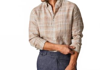 Billy Reid Linen Line Plaid Wilson Shirt In British Khaki/silver