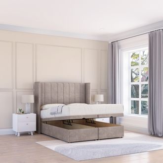 Sloomy Falcon Plush Fabric Ottoman Bed End Opening With Sprung Memory Mattress & 54 Inch Floorstanding Headboard With Wings in Stone | Size: Single