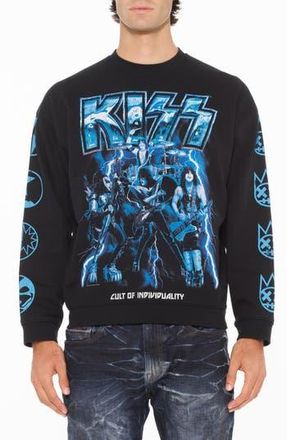 Cult of Individuality Kiss Crewneck Fleece Graphic Sweatshirt in Black at Nordstrom Rack, Size Xx-Large