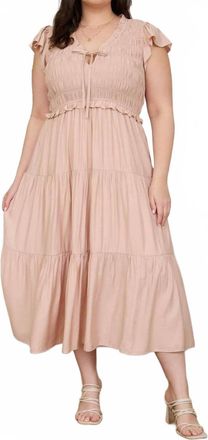 Blu Pepper Smocked Front Tie Ruffle Detail Tiered Midi Dress - Plus In Dusty Pink
