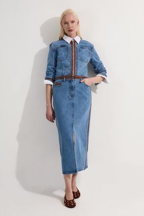 Karen Millen Denim & Leather Collarless Jacket in Light Blue at Nordstrom, Size 10