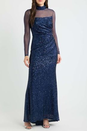 Eliza J Long Sleeve Mock Neck Sequin Gown in Navy at Nordstrom, Size 12