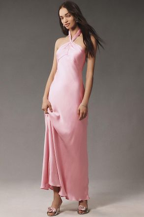 BHLDN Selma Halter-Neck High-Shine Satin Maxi Dress