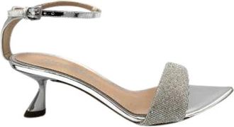 Ninalilou Zilveren Spiegelende Leren Sandaal met Strass - Dames - Sandalen met hakken - Grijs - 40 EU - Leer - Schoenen