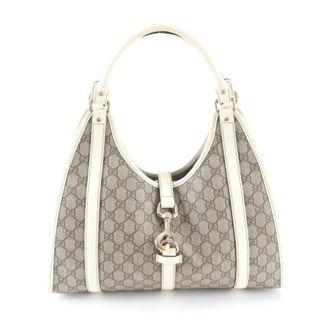 Gucci Brown Ivory Leather Coated Canvas Handbag Shoulder Bag Tote Bag (Pre-Owned)