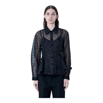 Ganni Shirts, female, Black, Size: XS Flocked Organza Peplum Shirt