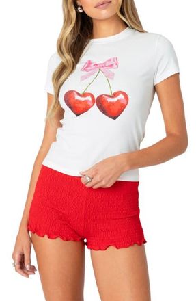Edikted Cherry Heart Stretch Cotton Graphic T-Shirt in White at Nordstrom, Size X-Small
