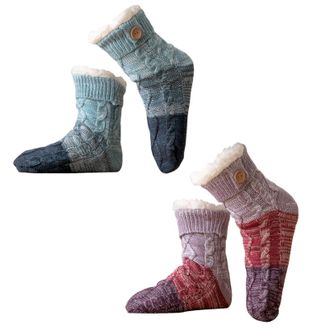 Generic Knitted Ultra-thick Slipper Home Socks, Tri-color Patchwork Cashmere Calf-Length Sock with Non-Slip Grippers for Women, Fluffy Fleece Lining for Warm 