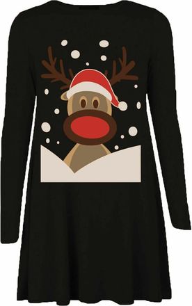 Generic Christmas Print Dress for Women Casual A Line Pleated Swing Midi Dress Ladies Long Sleeve Knee Length Round Neck Jumper Dress (as8, Numeric, Numeric_1