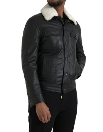 Dolce & Gabbana Mens Black Leather Fur Collar Biker Coat Jacket Lambskin Clothing