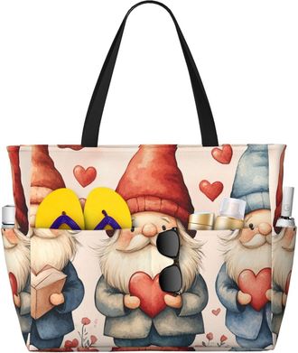 Generic Valentines Gnomes Print Large Beach Bag Foldable Travel Shoulder Tote Bag With Pocket For Weekender Pool Vacation