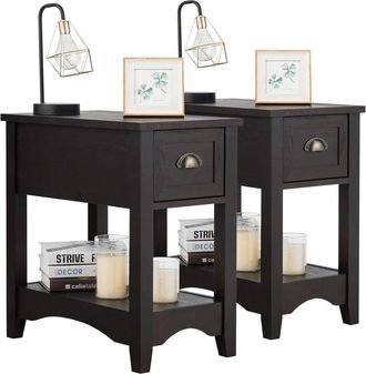 Costway Set De 2 Mesitas De Noche, Mesa Auxiliar De Madera De Caucho, Mesa Lateral Retro, Mesillas De Noche Rectangular, Mesa Compacta Con Caj&oacute;n Y Estante Par