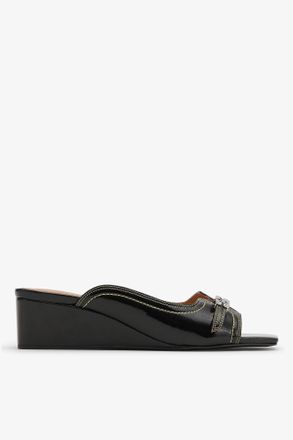 Ganni Black Naplack Wedge Mule Sandal in