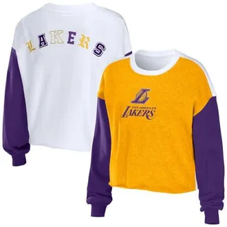 WEAR by Erin Andrews Womens WEAR by Erin Andrews Heather Gold Los Angeles Lakers Mixed Letter Cropped Pullover Sweatshirt at Nordstrom, Size Medium