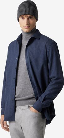Corneliani Blue cotton flannel shirt with herringbone pattern