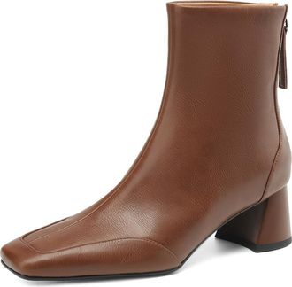 TinaCus Genuine Leather Womens Square Toe Handmade Low Chunky Heels Retro Ankle Boots with Back Zipper, Brown, 5 UK