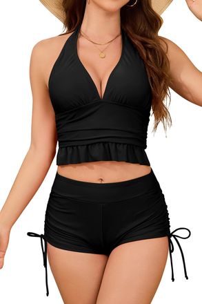 SHEKINI Womens Two Piece Bikini Sets Deep V Halter Neck Swimsuit High Waisted Ruched Side Bikini Bottom Plus Size Swimwear Bathing Suit Black