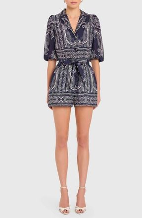 Amanda Uprichard Lucia Balloon Sleeve Romper in Navy at Nordstrom, Size X-Large