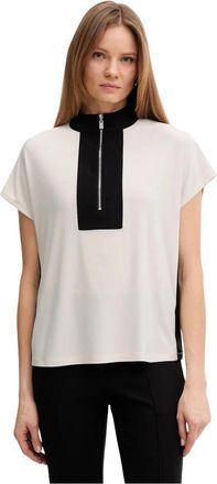 Joseph Ribkoff Zijdeachtige gebreide top met kleurblokken en ritssluiting - Dames - Blouses - Beige - M - Polyester - Overhemden