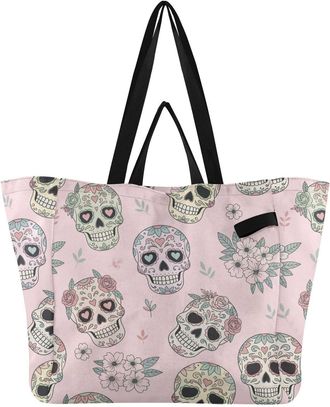 Generic Floral Skulll Pink print Reusable Canvas Tote Bag, Heavy Duty Grocery Shopping Bag with Hard Bottom Large Capacity Double Handles Work Groceries Trave
