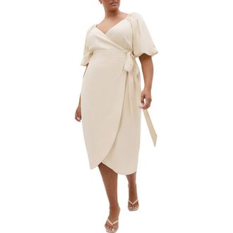 City Chic Claudine Faux Wrap Midi Dress in Cream at Nordstrom, Size Xxxs