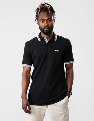 HUGO BOSS Mens BOSS Green Paddy Mens Cotton-Piqué Polo Shirt with Contrast Logo - Charcoal 018 - Black - Size: 42