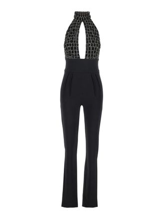 Elisabetta Franchi Black Jumpsuit With Embroidered Bodice And Halterneck In Tech Fabric Stretch Woman
