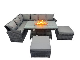Fimous Poly Rattan Outdoor Patio Gas Firpit Table Sofa Set with 2 Big Stools in Dark Grey