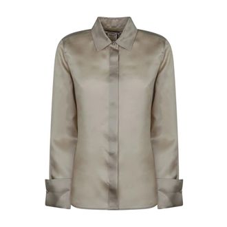 Max Mara Overhemden, Dames, Groen, L, Satijn, Zijden Olijfgroen Shirt met Manchetknoop