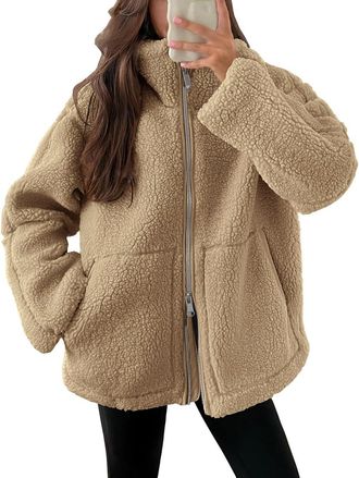 Generic Winter Jackets for Women UK Full Zip Fleece Coats Ladies Fall Drawstring Solid Color Teddy Hooded Cardigan Warm Casual Loose Long Sleeve Fuzzy Sherpa 