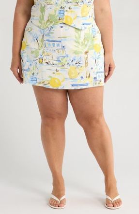 Sugarlips Ciendra Landscape Print Miniskirt in Ivory/blue at Nordstrom, Size 1X