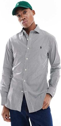 Polo Ralph Lauren Camicia slim elegante in popeline bianca e nera a righe con colletto e logo-Nero