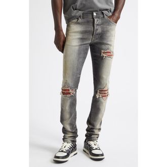 Amiri MX1 Flannel Patch Ripped Skinny Jeans in Perfect Antique Black at Nordstrom, Size 30