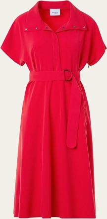 Akris Short-Sleeve Belted Snap-Slit Midi Shirtdress