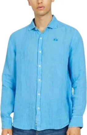 La Martina Camicia Essential in Lino Bianca - - Shirts - Uomo - Blu - S